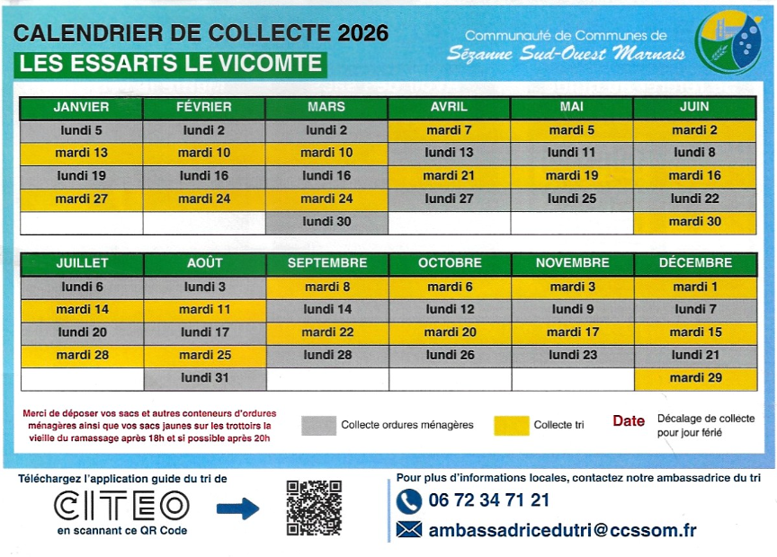 Calendrier collecte déchets 2026